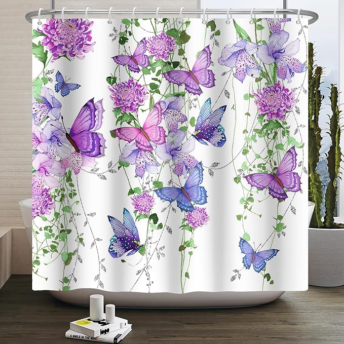 Violet Butterfly Floral Shower Curtain Spring Lavender Shower Curtain Lilac Pink Floral Bathroom Decor Waterproof Polyester Fabric with 12 Hooks,72x78 Inches