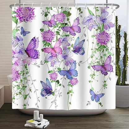 Violet Butterfly Floral Shower Curtain Spring Lavender Shower Curtain Lilac Pink Floral Bathroom Decor Waterproof Polyester Fabric with 12 Hooks,72x72 Inches