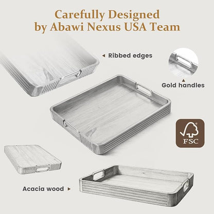 Acacia Wood Serving Tray with Metal Handles, 17x13in, Decorative Coffee Table Tray & Ottoman Tray, Anti-Slip Pads, Dark Wood Tray for Breakfast in Bed, Bar Tray, Gift Box