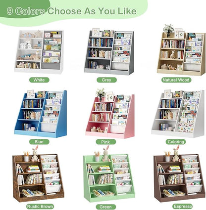Kids Bookshelf Toddler Bookcase Children Book Rack Baby Toy Storage Organizer Child Book Display Shelf 4-Tier 5 Layer Sling Cabinet Chest Playroom Bedroom Classroom Library Green