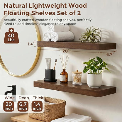 fuqing 20 Inch Floating Shelves | 6.7 Inch Deep Dark Wood Floating Shelves for Wall Set of 2 | 20''W x 6.7''D x 1.4''H Dark Wood Shelves for Living Room Bathroom Bedroom Kitchen Home Office