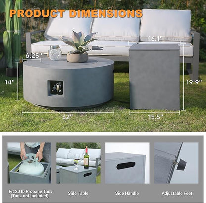 32 Inch Fire Pit Table, 3-Piece Outdoor Propane Fire Pit Table 65,000 BTU Round Gas Firepit, Wind Guard, 16 inches Tank Side Table and Baking Sheet for Garden, Patio, Grey