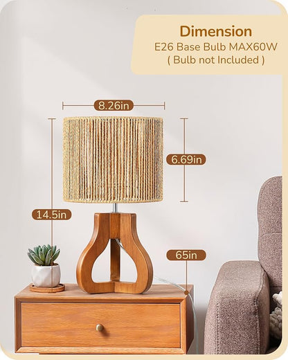 EDISHINE Small Table Lamp, Rose Wood Tripod Nightstand Lamp, Handwoven Paper Rope Shade, 14.6" Rattan Bedside Lamp for Bedroom Living Room, Office, On-Off Line Switch, E26 Base(Bulb Not Included)