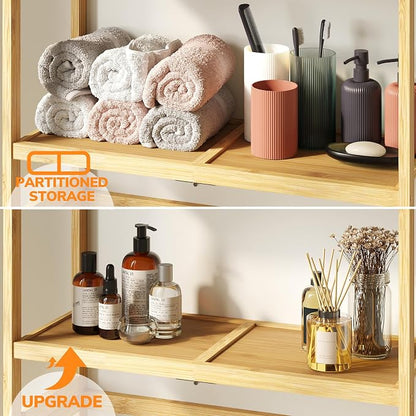 AMBIRD Over The Toilet Storage, 3-Tier Bathroom Organizer Over Toilet with Sturdy Bamboo Solid Shelves, Non-Slip Pads and 3 Hooks, Multifunctional Behind Toilet Shelf Rack, Space Saver (Original)