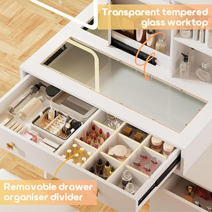 KAMABOKO Vanity Desk with Sliding Mirror and Lights, Makeup Vanity Table with 4 Drawers and Storage Rack, Glass Transparent Top Makeup Vanity with Stool for Bedroom (White)