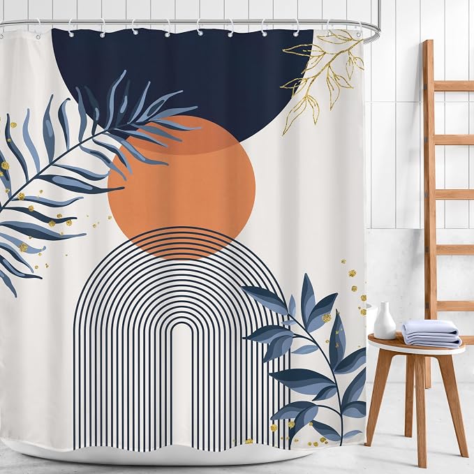 Navy Blue Boho Shower Curtain 60Wx72H Modern Abstract Bohemian Blue Gold Leaves Orange Minimalist Mid Century Plant Arch Bathroom Decor Neutral Geometric Bath Curtain Polyester 12 Pack Hooks