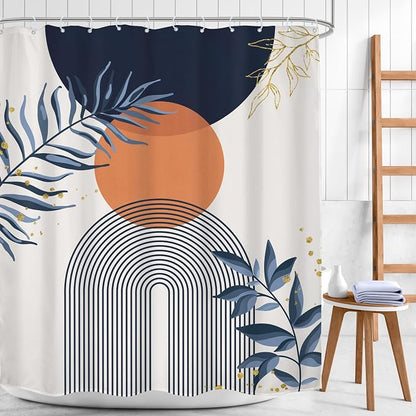 Navy Blue Boho Shower Curtain 60Wx72H Modern Abstract Bohemian Blue Gold Leaves Orange Minimalist Mid Century Plant Arch Bathroom Decor Neutral Geometric Bath Curtain Polyester 12 Pack Hooks