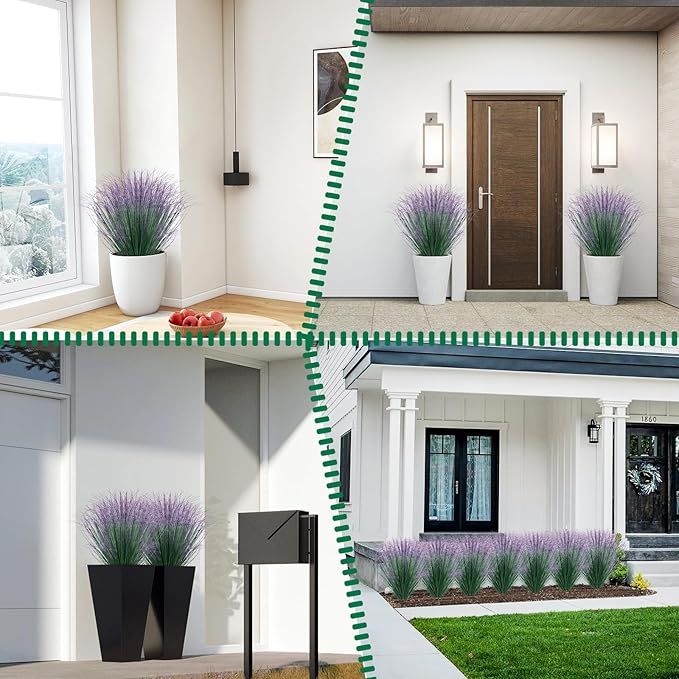 48Pcs Artificial Grass Plants, Faux Shrubs Wheat Grass, Artificial Tall Grass Fake Plants for Outdoor Decor,Artificial Greenery Stems Weed for Room Indoor Home Decor（Green Purple Tail）