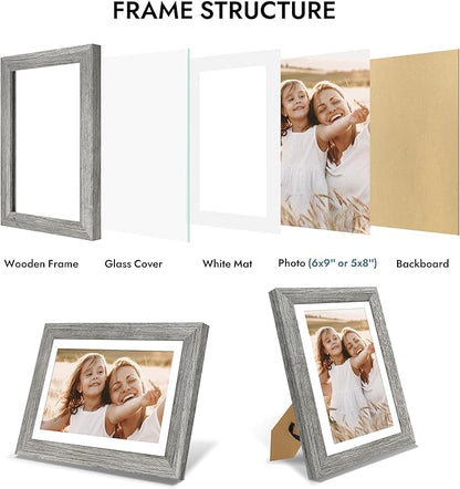 6x9 Picture Frame with Glass, Display Pictures 5x8 with Mat or 6 x 9 without Mat - Wall and Tabletop, 6 by 9 Photo Wooden Frames (Grey, 1 Pack)