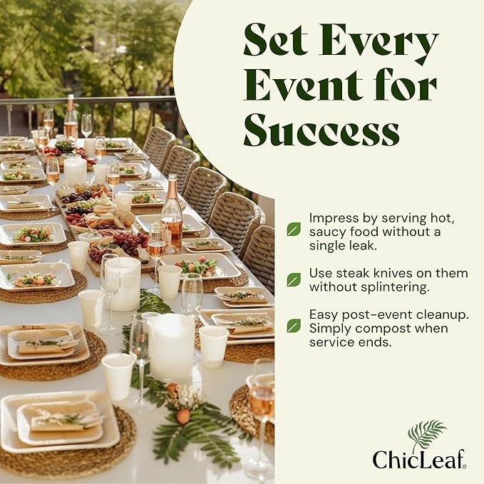 Chic Leaf Square Palm Leaf Tableware - 10" & 7", Pack of 24 - Durable Bamboo Disposable Dinnerware - Eco-Friendly Compostable Plates - Versatile Party & Appetizer Plates