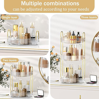 MOKANI 360 Rotating Makeup Organizer for Vanity, 3 Tier Adjustable Perfume Organizer for Dresser, Multi-Function Spinning Cosmetics Skincare Storage for Bedroom, Dresser, Countertop, Clear