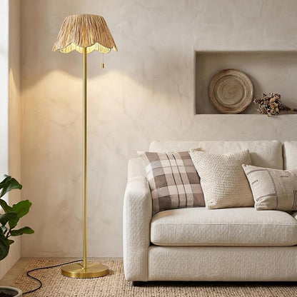 OYEARS 65" Boho Floor Lamps for Living Room, Rattan Floor Lamp, Pull Chain Switch, Gold Standing Lamp with Hand-Woven Shade, Farmhouse Tall Lamps for Nursery, Metal Base&Pole, Bulb not Included, Gold