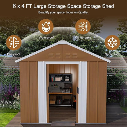 6x4 FT Outdoor Storage Shed, Metal Tool Storage with Updated Frame Structure, Vertical Outside Storage Building, Ventilation, Sloped Roof, Metal Garden Shed for Backyard, Lawn, Patio (6x4 FT)