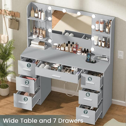 Quimoo Large Vanity Desk with LED Lighted Mirror & Power Outlet,Makeup Vanity Table with 7 Drawers,4 Shelves and 5 Hooks,Vanity Table, Vanity Desk Set for Bedroom,Bathroom,Grey