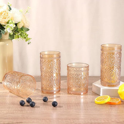 Amber Glassware Set of 4, Vintage Drinking Glasses, Colored Glassware Drinking, Highball Embossed Beverage Glasses Cup for Water, Juice, Cocktail, Coffee (2pcs12oz+2pcs10oz）
