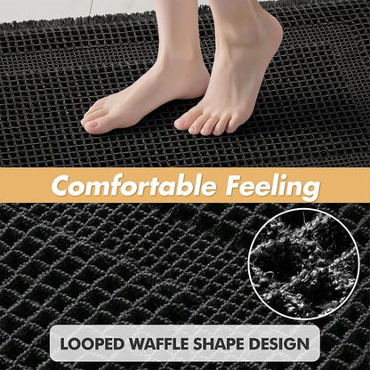 MIULEE Set of 2 Waffle Bathroom Rugs, Boho Bath Rug Super Absorbent, Non Slip Washable Ultra Soft Rubber Backed Shower Bath Mats for Floor, Tub, Shower, Looped Design, Black, 17"x24"+18"x30"