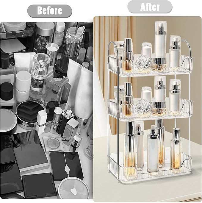 Bathroom Counter Organizer Countertop Storage Skincare Countertop Makeup Organizer Cosmetics Skincare Organizers Holder for Perfume-Clear White-Silver Pole-3 Tier
