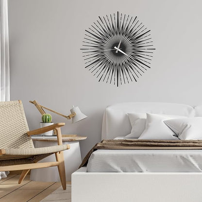 Sun Rays Wall Clock, Large Metal Decorative Wall Clock, Modern Minimalist Wall Decor (Black, Large)