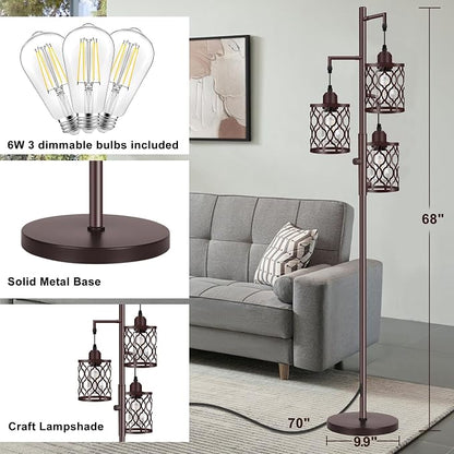68" Farmhouse Floor lamp, Dimmable Industrial Floor Lamps for Living Room, 3 Light Rustic Standing Tall Lamp Including 3 PCS 6W E26 Bulbs, Tree Floor Lamp for Bedrooms Room, Office, Bar, Brown