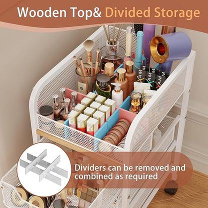 Rolling Makeup Cart Organizer with 3 Drawers, 4-Tier Narrow Floor Skincare Organizers with dividers, Vanity Organizer Cosmetics Display Cases for Makeup Brush, Hair Tool, White