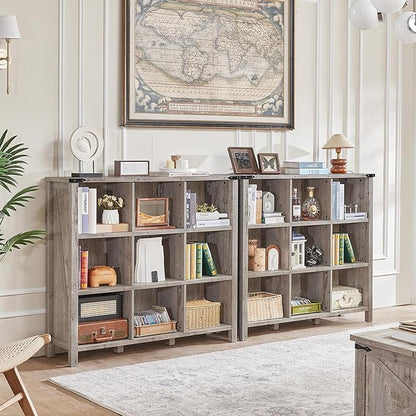 9 Cube Bookcase, Farmhouse 47 Inch Wide Grey Oak Bookshelf, Wooden 3 Tier Display Large Open Book Shelf, Vintage Horizontal Book Case for Home Office, Cubby Storage Cabinet for Living Room