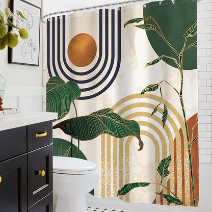 Glawry Abstract Mid Century Shower Curtain Green Retro Boho Tropical Palm Tree Sun Arch Bathroom Modern Minimalist Aesthetic 72Wx72L Inches Bath Accessories Art Home Decor Fabric 12 Pack Hooks
