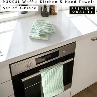 PÜSKÜL Natural 100% Turkish Cotton Waffle Kitchen Towels Set of 3 | Oeko-Tex, Premium Waffle Hand Towels for Bathroom | Soft Absorbent Quick-Dry Lint-Free Dish Towel Large 32x16 inch (3, Ice Green)
