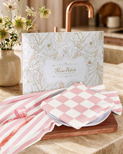 Miss Adola 2 Pack Flour Sack Kitchen Towels - 16x26 Inch Cotton Dish Towels with Hanging Loop Reusable Geometric Cute Modern Retro Tea Towel Absorbent Dishcloths Home Decor, Pink Bow