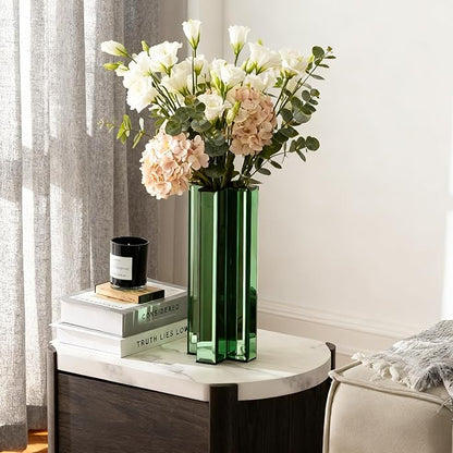 SHYFOY Green Mirrored Vase - 12 Inch Tall Cross-Shaped Decorative Glass Flower Vases for Home Decor, Living Room Table Kitchen Fireplace Decor - Can’t Hold Water