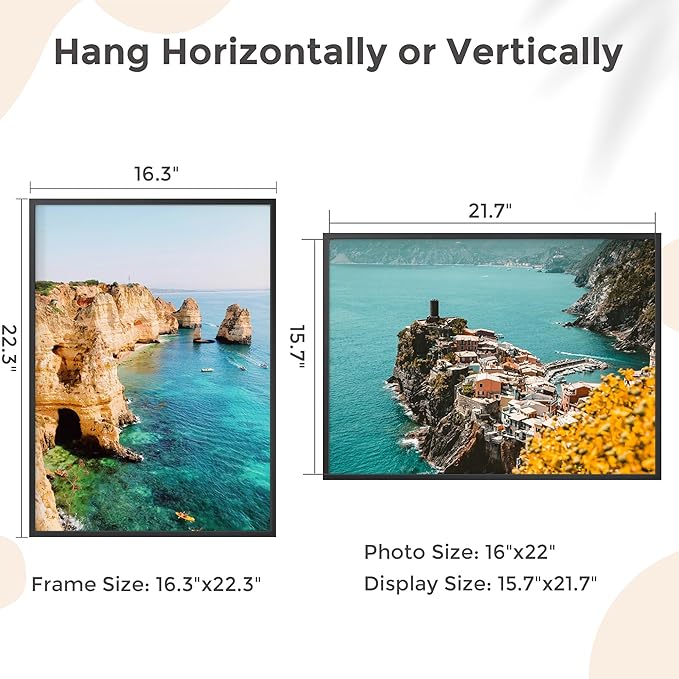 16x22 Metal Picture Frame - Black Aluminum Picture Frames with Real Glass, Wall Mounting Horizontally or Vertically, Diploma, Certificates and Decor for Wall Gallery 22x16 Frame, Black