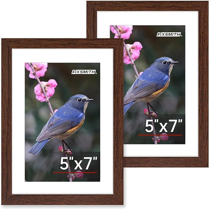 FIXSMITH 5x7 Picture Frame Set of 2, Photo Frame with HD Plexiglass, Display Pictures 4x6 with Mat or 5x7 Without Mat, Brown Picture Frames Collage for Tabletop or Wall Display