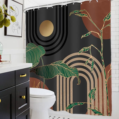 Glawry Dark Abstract Extra Long Shower Curtain Boho Mid Century Retro Tropical Palm Tree Sun Brown Modern Bathroom Simple Geometric 72Wx84L Inches Bath Accessories Art Home Decor Fabric 12 Pack Hooks