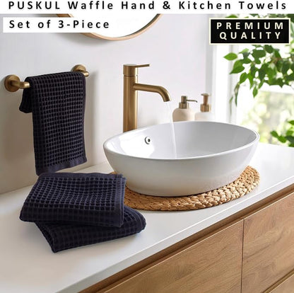 PÜSKÜL Natural 100% Turkish Cotton Waffle Kitchen Towels Set of 3 | Oeko-Tex, Premium Waffle Hand Towels for Bathroom | Soft Absorbent Quick-Dry Lint-Free Dish Towel Large 32x16 inch (3, Black)