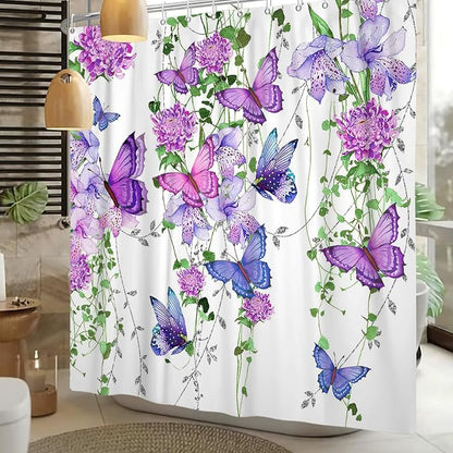 Violet Butterfly Floral Shower Curtain Spring Lavender Shower Curtain Lilac Pink Floral Bathroom Decor Waterproof Polyester Fabric with 12 Hooks,72x78 Inches