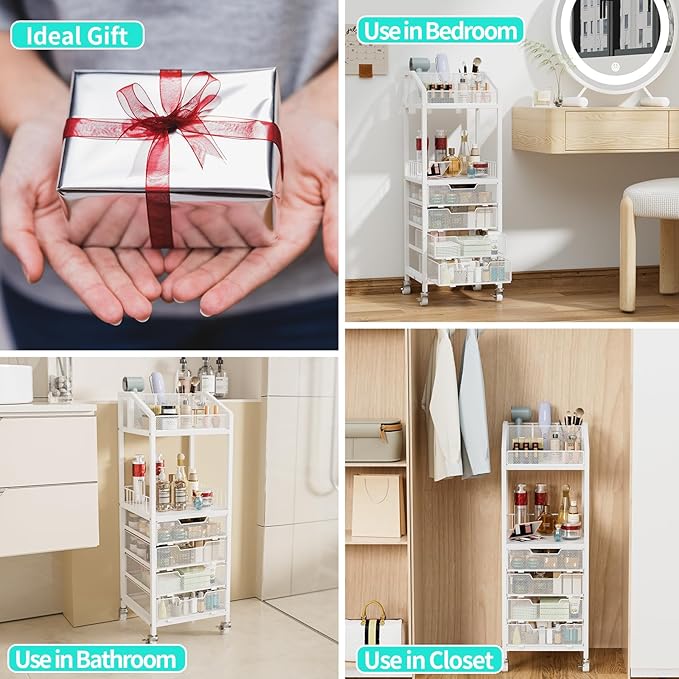 HapiRm Makeup Organizer Storage Cart - Floor Skincare Make Up Storage with 4 Drawers, Rolling Makeup Cart Vanity Organizer Cosmetics Display Cases Holder for Skin Care Perfume Nail Polish