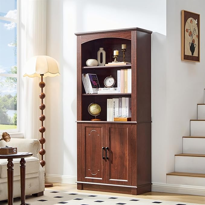 5 Tier Book Shelf and Bookshelf with Storage Cabinet Doors, 72 Inch Tall Bookcase, Wooden Cube Storage Organizer, Kids Bookshelf, Display Cabinet for Bedroom Furniture, Living Room, Pantry Cherry