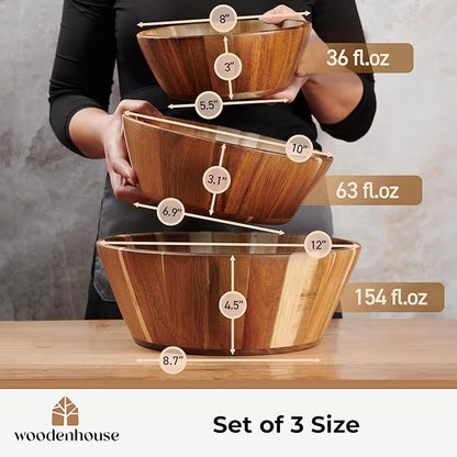 Woodenhouse Wooden Bowls, Wooden Salad Bowl Set of 3 - Round Design Large Salad Bowl Set for Serving, Handmade, Durable and Stylish Natural Wood Dining Accessory