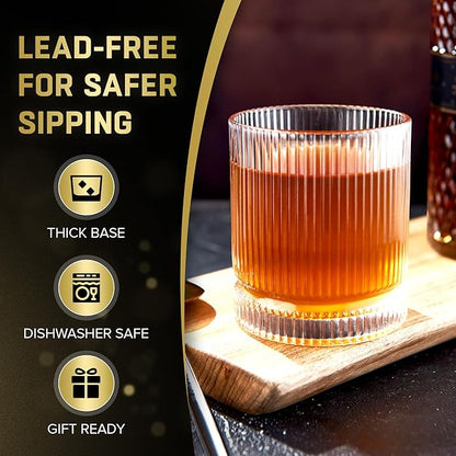 Ribbed Whiskey Glasses Set of 2, 12 Oz Lead-Free Crystal Heavy Base Barware Glass, Perfect for Bourbon Rocks Cocktail Scotch Drinking