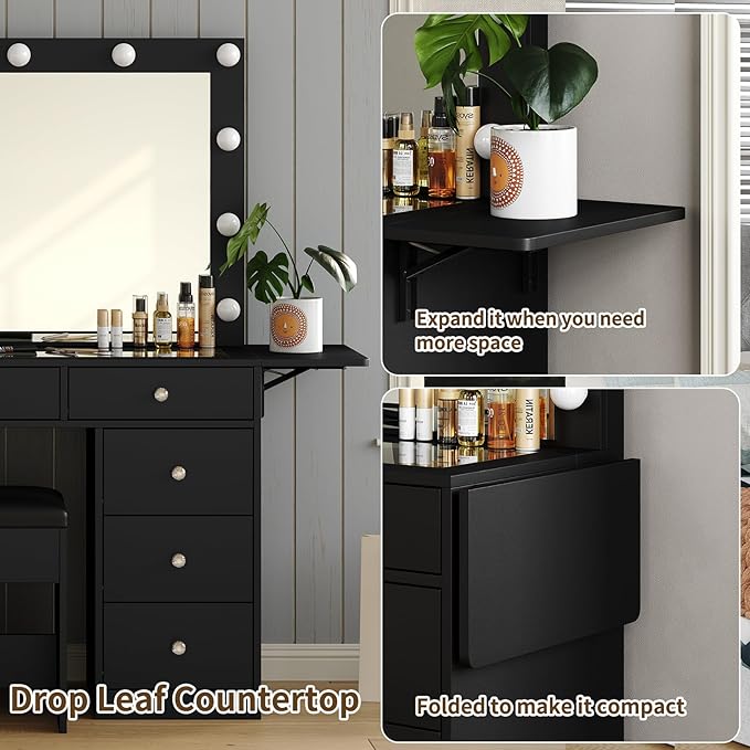 Vanity Desk with Power Outlet, Makeup Vanity with Lighted Mirror, 3 Lighting Modes Adjustable, 9 Drawers Vanity Set with Fold-up Panel, Glass Top, Vanity Table with Chair for Bedroom, Black