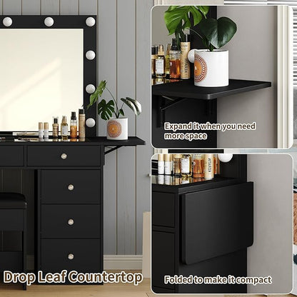Vanity Desk with Power Outlet, Makeup Vanity with Lighted Mirror, 3 Lighting Modes Adjustable, 9 Drawers Vanity Set with Fold-up Panel, Glass Top, Vanity Table with Chair for Bedroom, Black