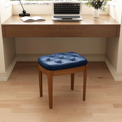 Solid Wood Button Tufted Vanity Stool, Ottoman Stool with Wood Legs & Padded Seat PU Leather Upholstered Piano Bench with Non-Slip Foot Pads Accent Stool for Bedroom Entryway, Blue