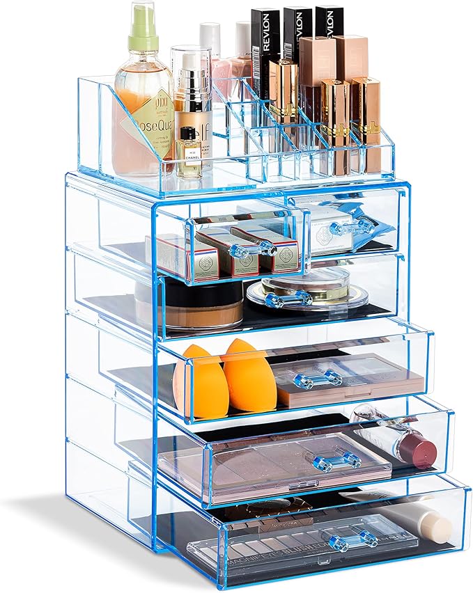 Sorbus Clear Cosmetic Makeup Organizer - Make Up & Jewelry Storage, Case & Display - Spacious Design - Great for Dresser, Bathroom, Vanity & Countertop (4 Large, 2 Small Drawers) [Blue Brilliance]