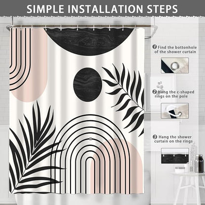 Mid Century Abstract Boho Aesthetic Shower Curtain Set, Green Nature Leaf Sun Modern Minimalist Home Bathroom Curtain Decor with 12 Hooks 72 Inch Wide * 84 Inch High