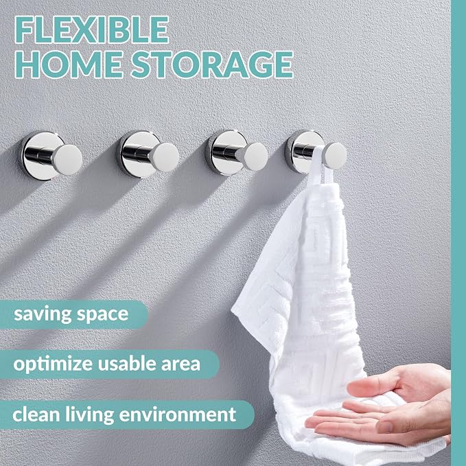 APLusee Polished Chrome Hand Towel Hook, 4 Pack 304 Stainless Steel Storage Coat Hook for Toilet Bathroom Kitchen, Home Accessories Wall Mounted