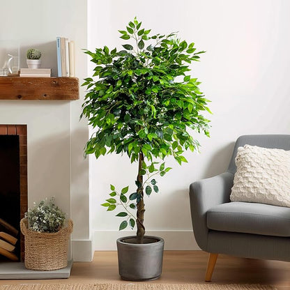 5ft Artificial Ficus Tree for Home Decor, Faux Silk Plants Faux Plant Fake Silk Trees with Pot for Indoor House Living Room Office Garden