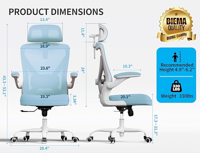 Office Chair - Ergonomic Office Chair with Back Support, Ergonomic Computer Chair - Home Office Desk Chairs, 400lbs Wide Seat Big and Tall Office Chairs with Headrest, Comfy Desk Chairs (Lake Blue)