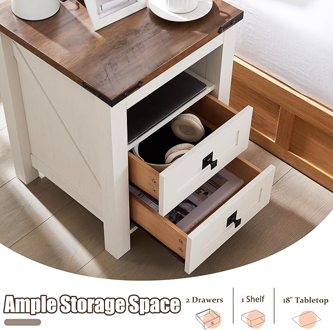T4TREAM Nightstand with Charging Station, End Table, Side Table with 2 Drawers Storage Cabinet for Bedroom, Living Room, Farmhouse Design, Wood Rustic, Antique White