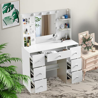JBLCC Vanity Desk with Mirror and Lights, 39.4''W White Makeup Vanity with 3-Color Lighted Mirror, 7 Drawers & Open Shelves, Big Vanity Table for Bedroom, Girls & Women