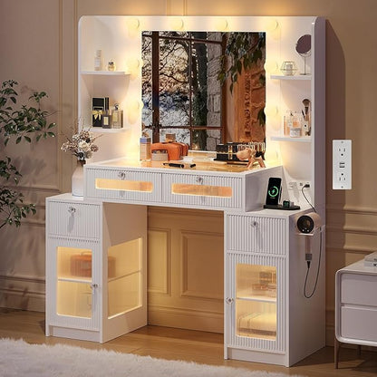 Vanity Desk with Mirror and Lights 3 Colors, 47" Glass Top Fluted Makeup Vanity Desk with Lights & Power Outlet for Bedroom, Dressing Table with 4 Lighted Drawers and 2 storage cabinets, White