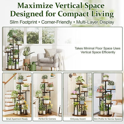 5 Tier Wood Plant Stand Indoor Outdoor, Wood Tall Plant Rack, Heavy Duty Wrought Iron Flower Pot Stand, Planter Display Rack for Living Room Balcony Garden Patio - BlackSquare
